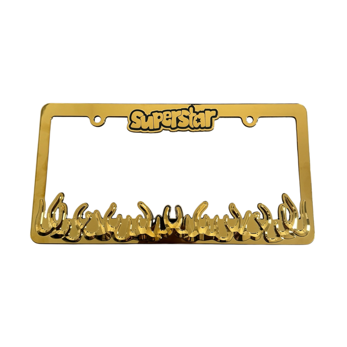 superstar gold flames license plate frame
